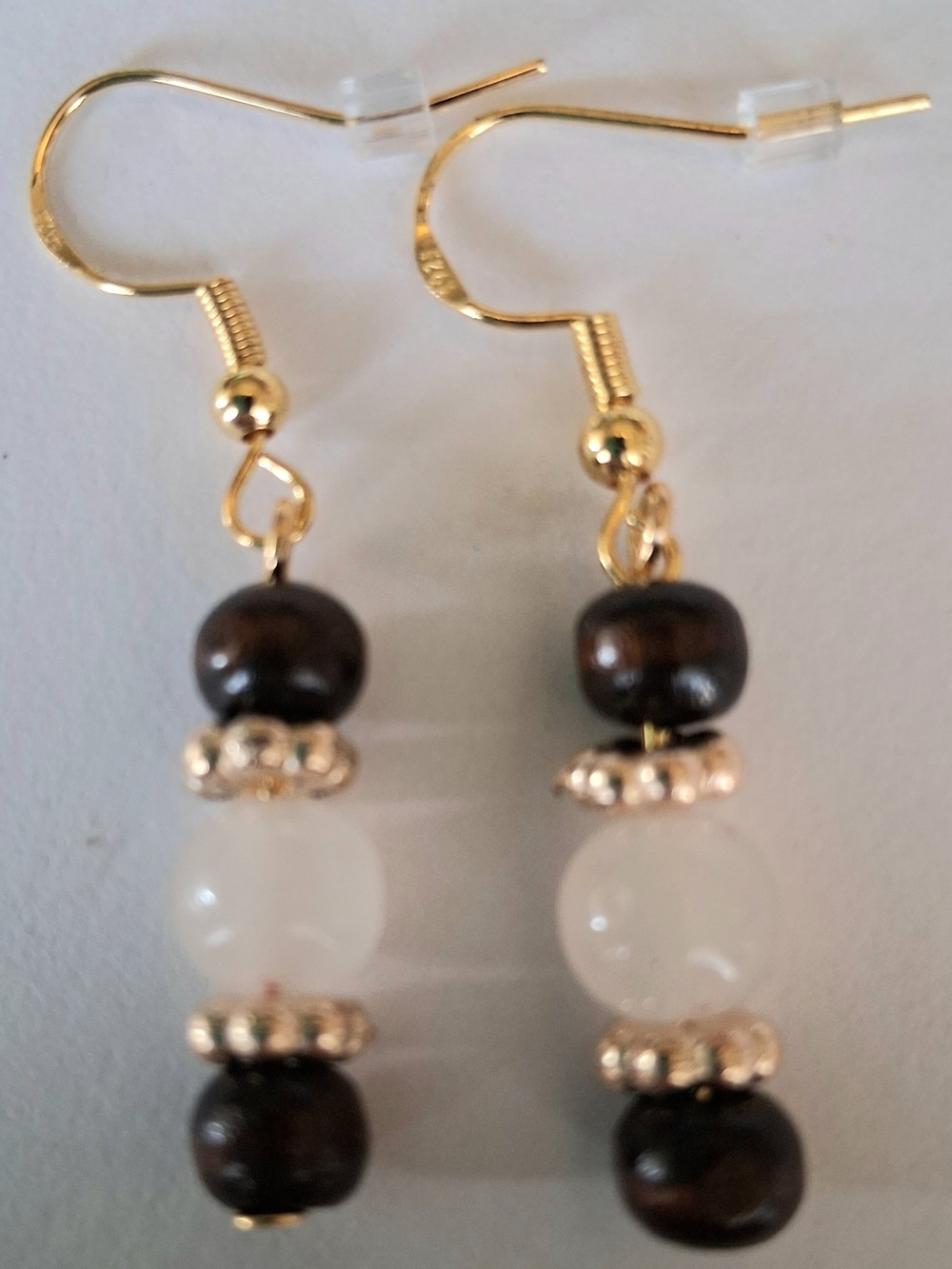 Gold-Tone White & Brown Beaded Drop Earrings - Unbranded